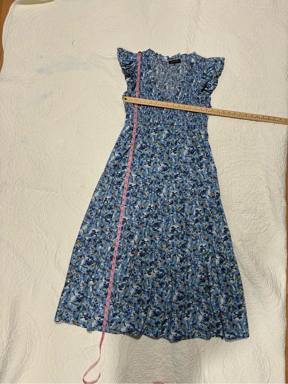 Jacqui E Blue Floral Smocked Midi Dress with Orange Accents - Picture 4 of 7